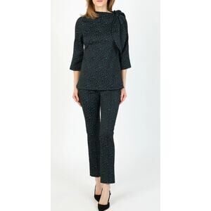 HILTON HOLLIS Blouse Jacquard Black Blue Sleeve Boatneck Tie neck